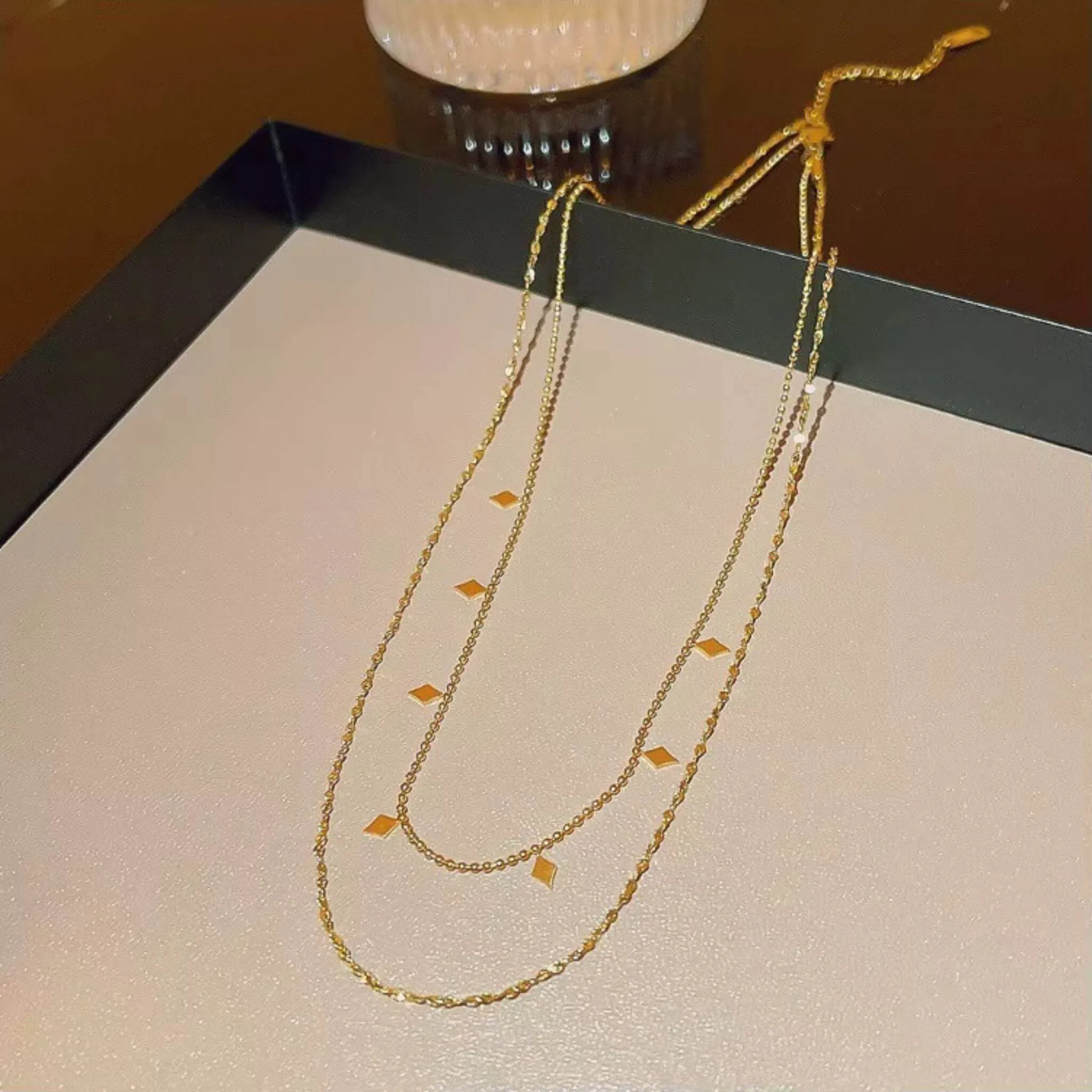 Geometric Double Layer Necklace – Diamond Charms (18K Gold/Silver)
