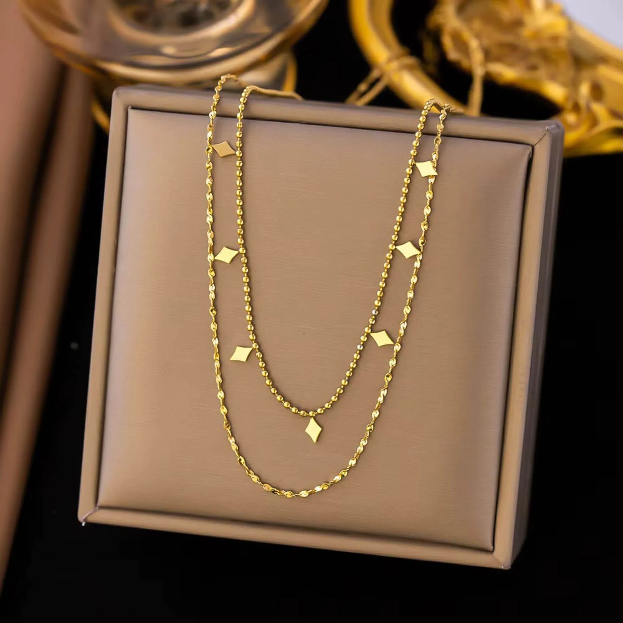 Geometric Double Layer Necklace – Diamond Charms (18K Gold/Silver)