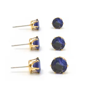GOLD AMETHYST CRYSTAL 3 PAIR SET GRADUATED STUD EARRINGS #HNE86567GDAY(SC6)