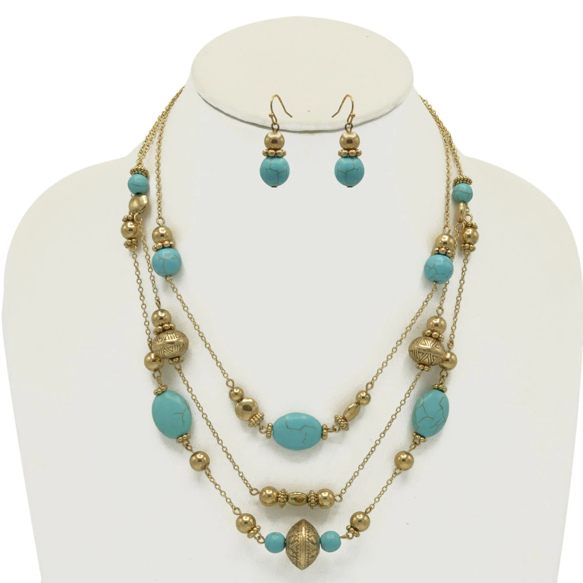 GOLD AND TURQUOISE BEADS LAYER NECKLACE AND EARRINGS SET #HNN E89835GDTQ-1(EE5)