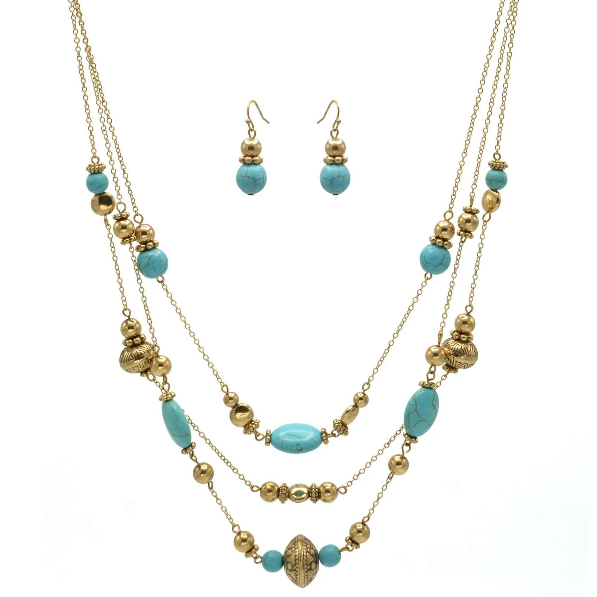 GOLD AND TURQUOISE BEADS LAYER NECKLACE AND EARRINGS SET #HNN E89835GDTQ-1(EE5)