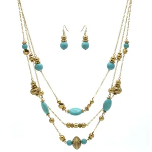 GOLD AND TURQUOISE BEADS LAYER NECKLACE AND EARRINGS SET #HNN E89835GDTQ-1(EE5)