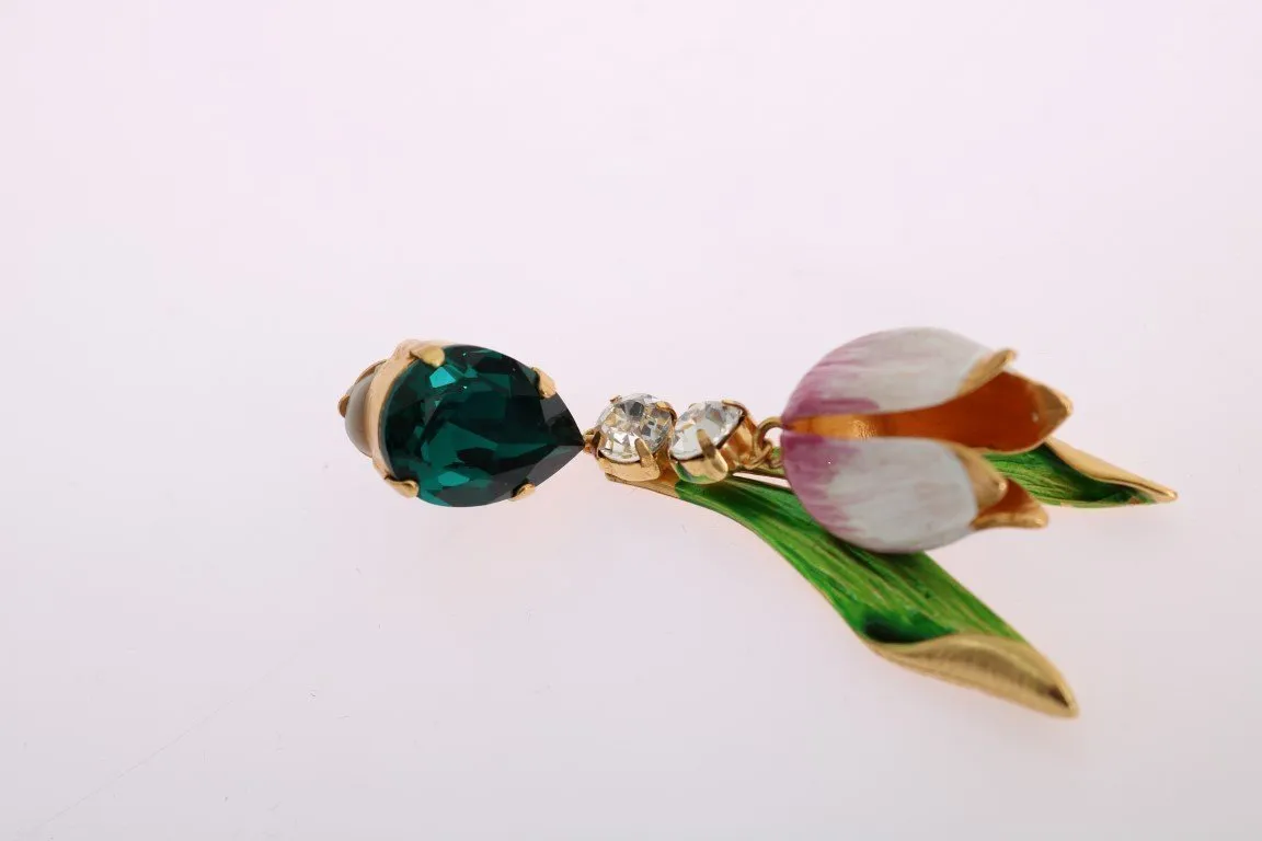 Gold Brass White Tulip Crystal Clip On Earrings