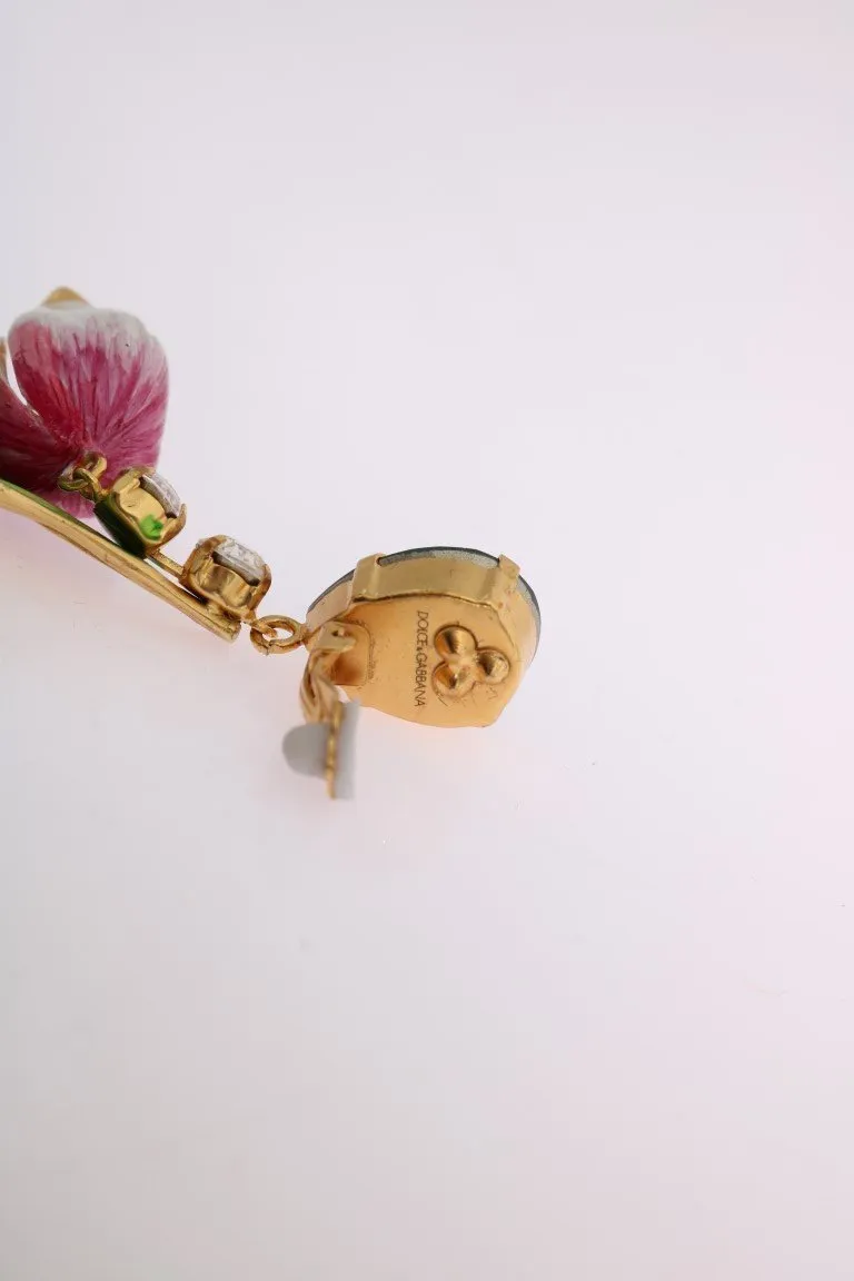 Gold Brass White Tulip Crystal Clip On Earrings