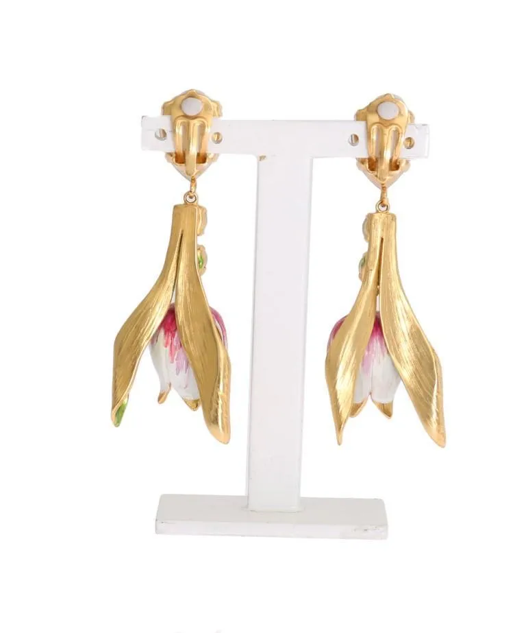 Gold Brass White Tulip Crystal Clip On Earrings