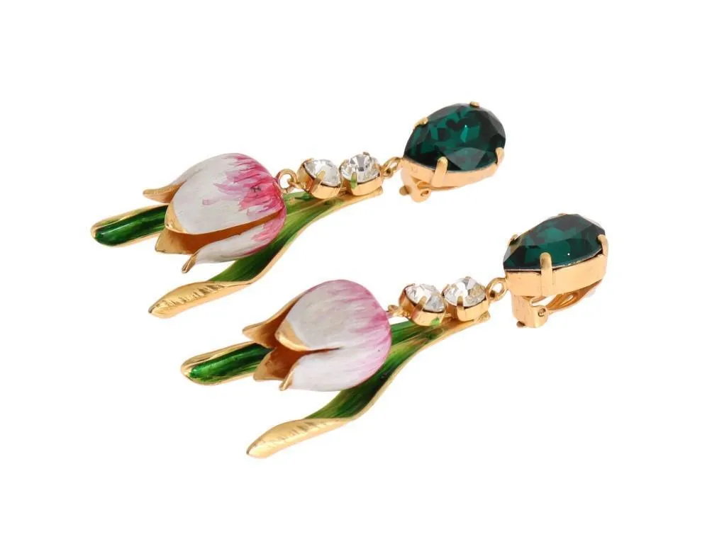 Gold Brass White Tulip Crystal Clip On Earrings