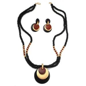 Gold Brown And Black Wood Circle Pendant Wood Bead Necklace And Earrings Set #FW105966SET (SHCD10)
