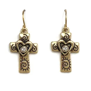 Gold Cross with Heart Rhinestone Earrings:
