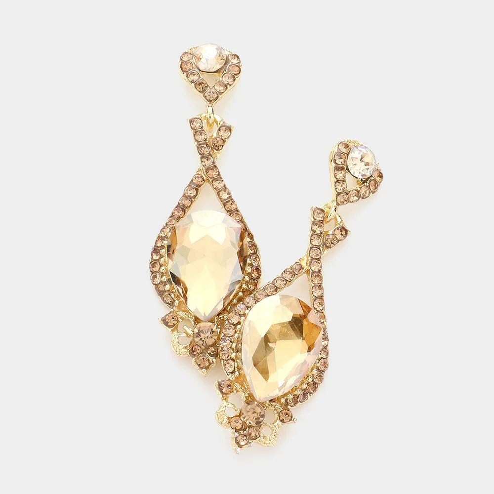 Gold Crystal Rhinestone and Teardrop Pageant Earrings | Prom Earrings |  193065