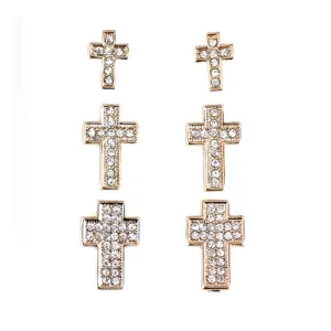 GOLD CRYSTAL RHINESTONE GOLD CROSS STUD EARRINGS SET OF 3PAIRS  #HNE50030034_GLD-CRY (MB10)