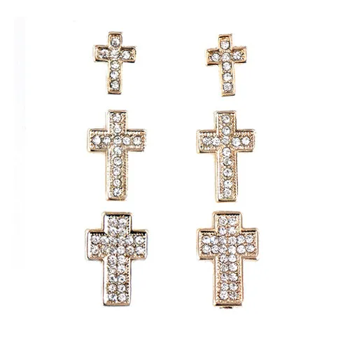 GOLD CRYSTAL RHINESTONE GOLD CROSS STUD EARRINGS SET OF 3PAIRS  #HNE50030034_GLD-CRY (MB10)