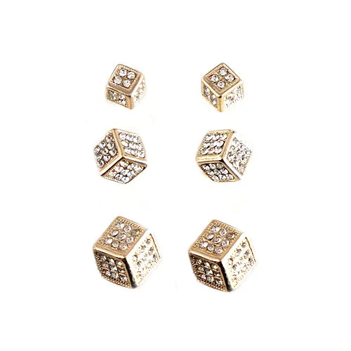 GOLD CRYSTAL RHINESTONE GOLD CUBE STUD EARRINGS SET OF 3PAIRS  #HNE80012_GLD-CRY (MB8/R-HH2)