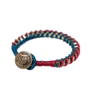 GOLD MULTI FUSCHIA AND BLUE MIXED COTTON STRING WITH SILVER METAL CHAIN BUTTON BRACELET  #SB28917_GLD-MULTI (IC15)
