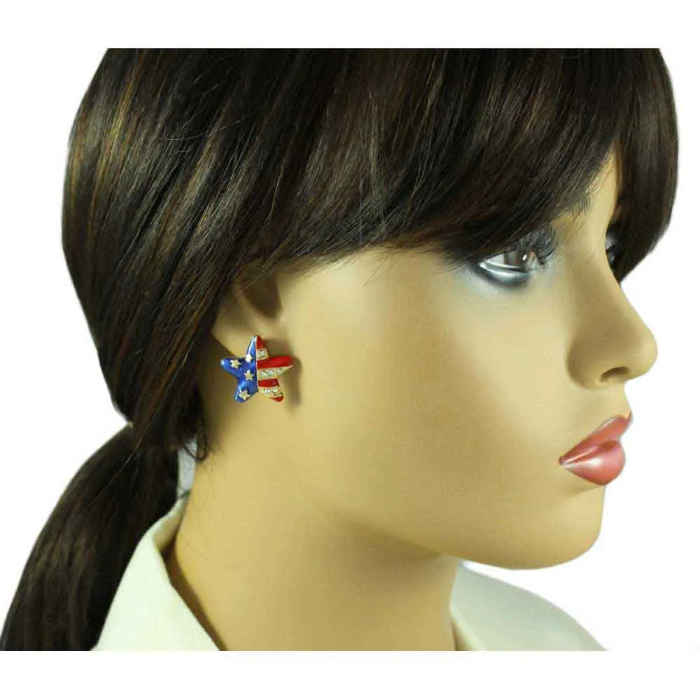 Gold Patriotic Red White Blue Star Pierced Earring - PRF154E