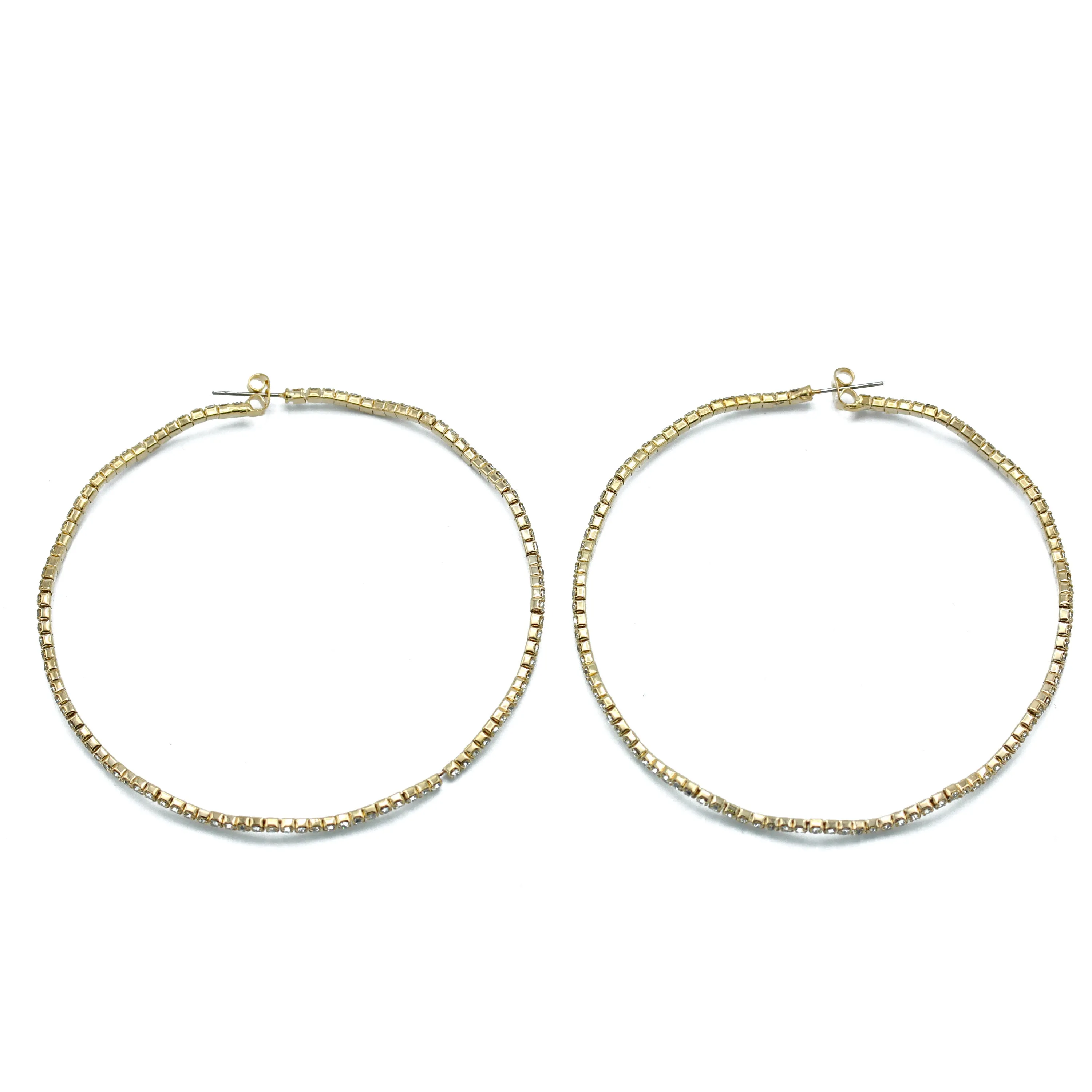 GOLD RHINESTONE HOOP EARRINGS 3" INCH DIAMETER #HNE90615GD(IC26)