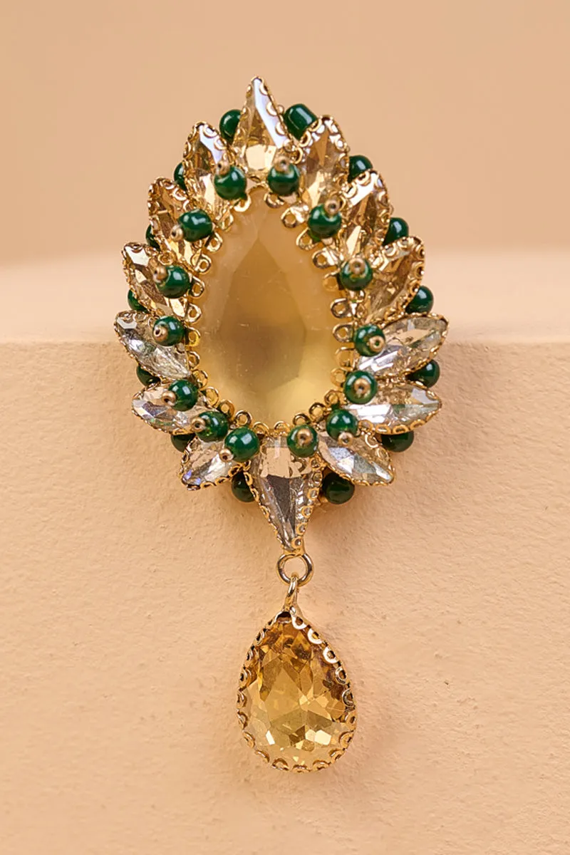 Gold Stone Brooch With Drop Crystals