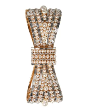 Gold Tone Brass Bow Crystal FauxPearl Embellished Brooch