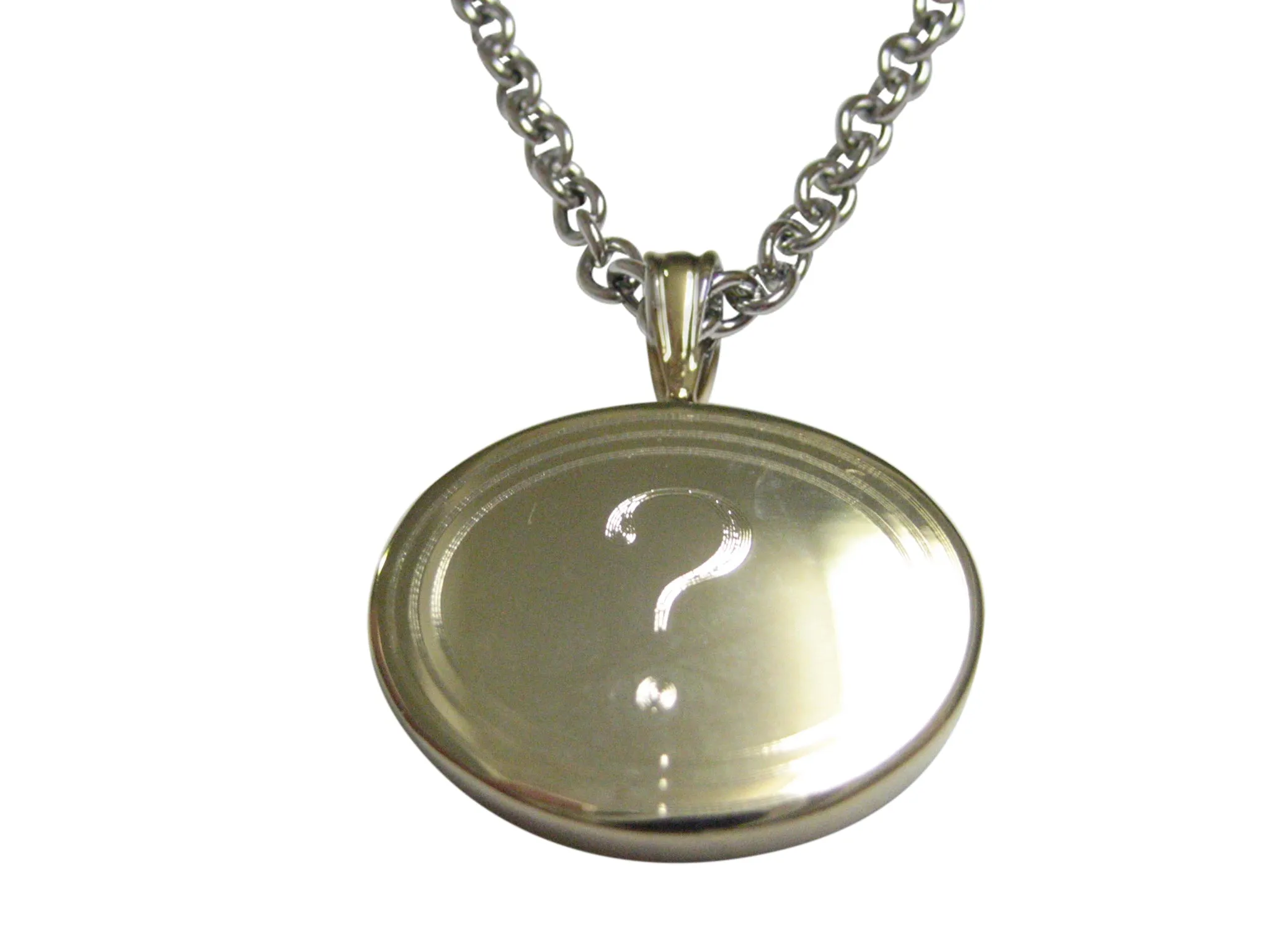 Gold Toned Etched Oval Question Mark Pendant Necklace