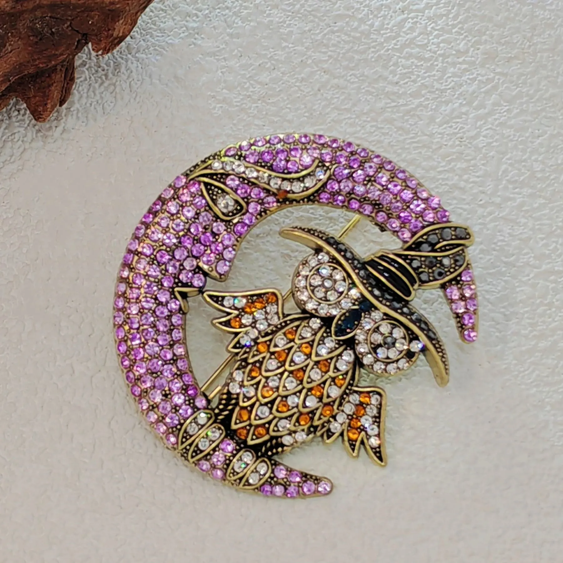Gorgeous Crystal - Embellished Owl on Moon Brooch for Fantasy Lovers