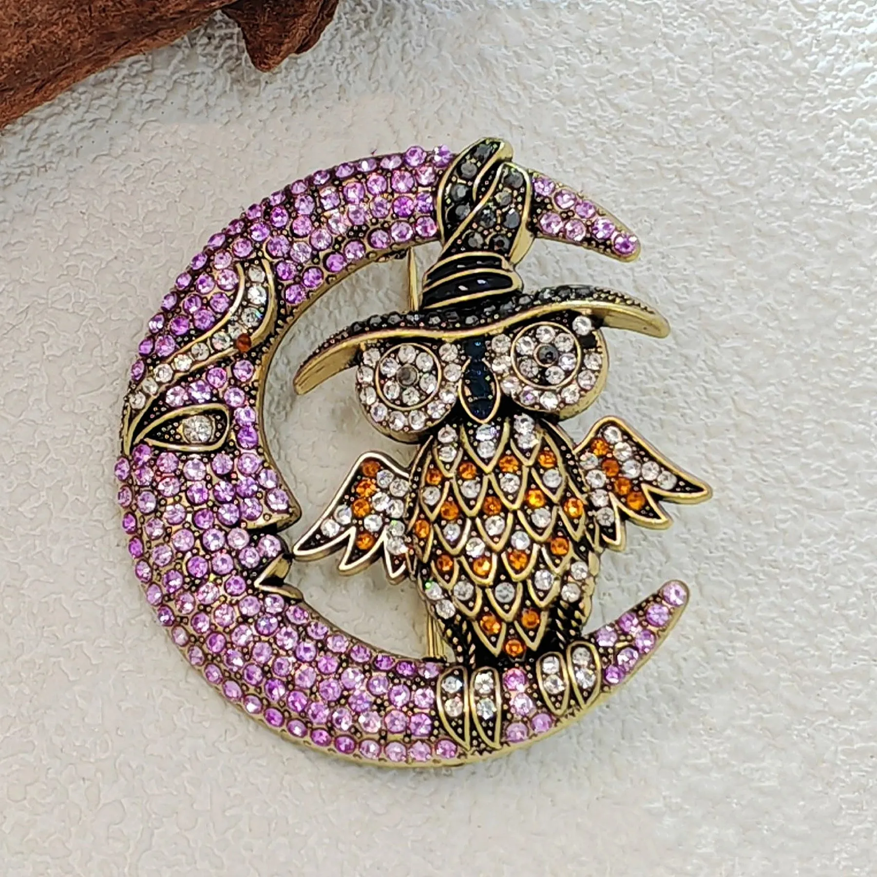 Gorgeous Crystal - Embellished Owl on Moon Brooch for Fantasy Lovers