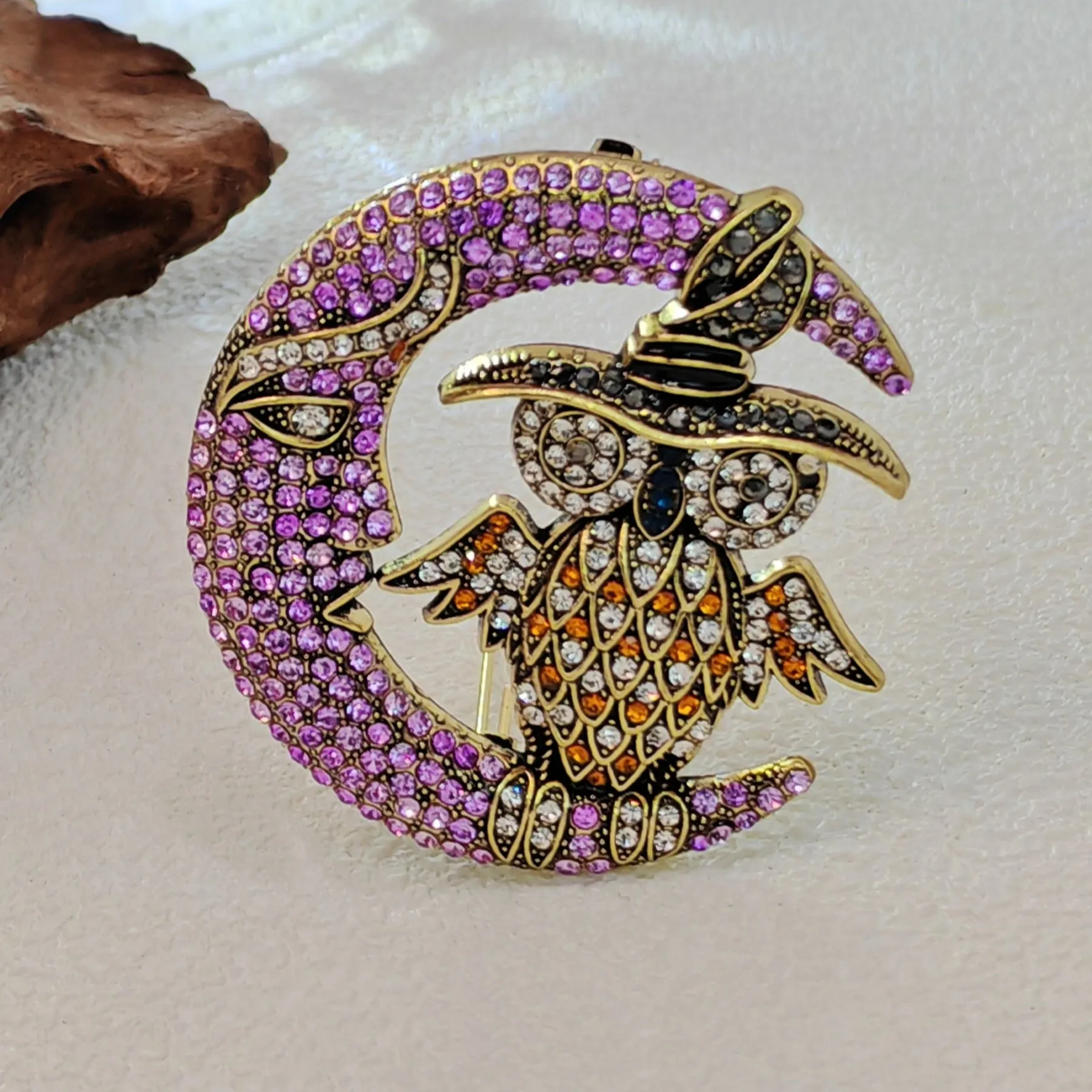 Gorgeous Crystal - Embellished Owl on Moon Brooch for Fantasy Lovers