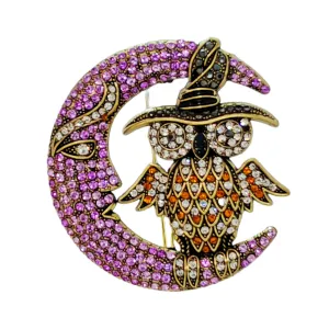 Gorgeous Crystal - Embellished Owl on Moon Brooch for Fantasy Lovers