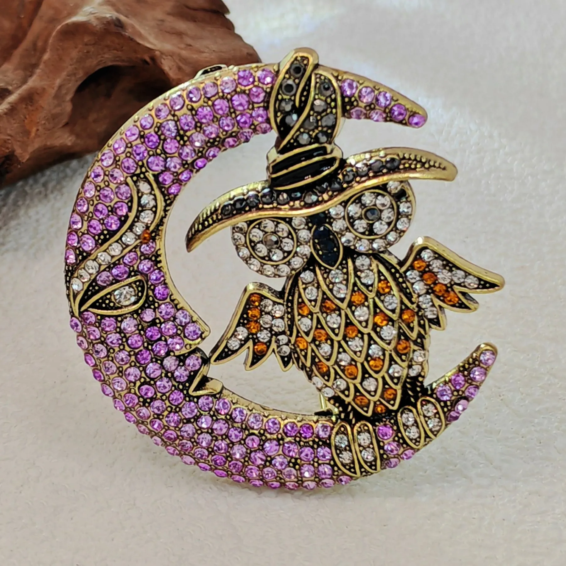 Gorgeous Crystal - Embellished Owl on Moon Brooch for Fantasy Lovers