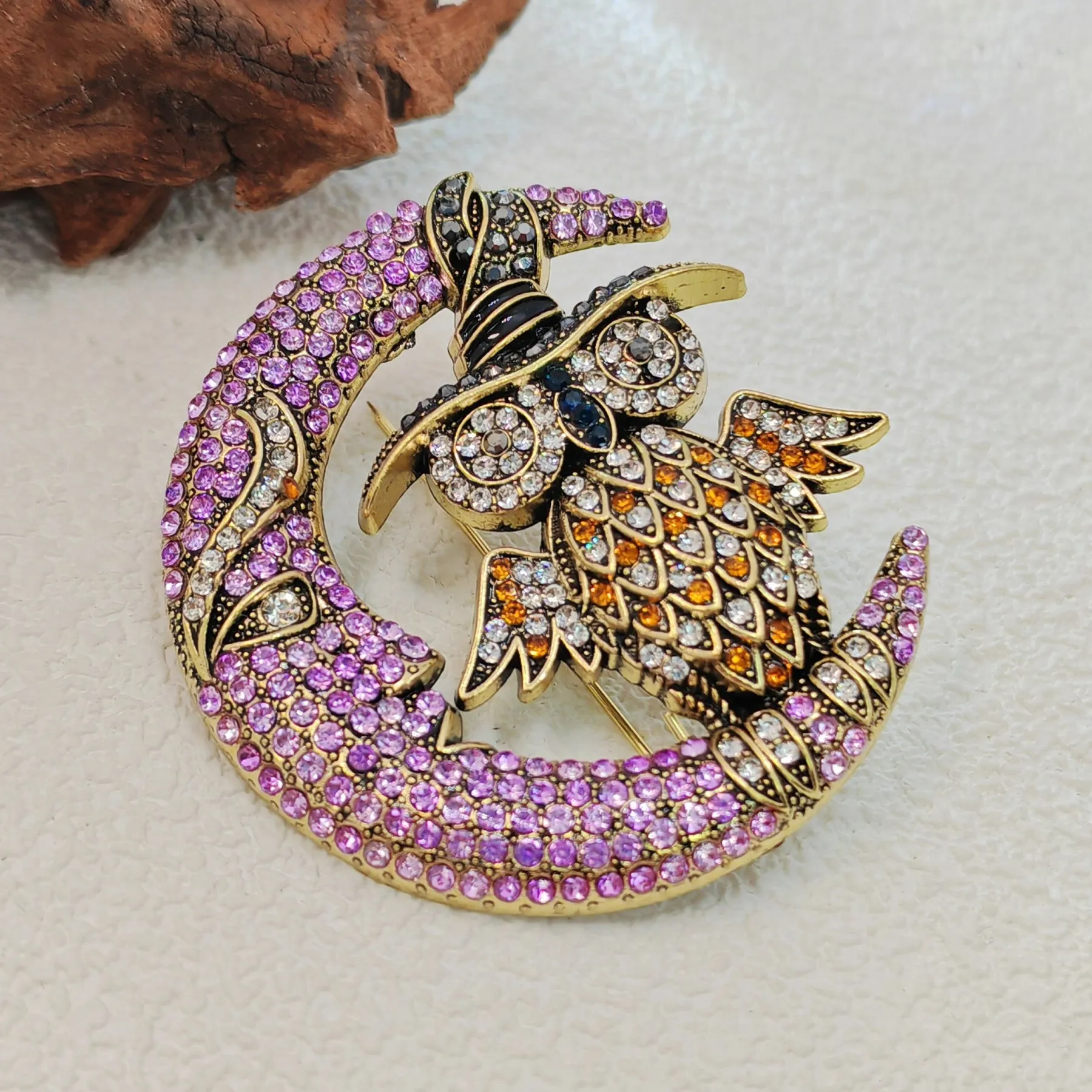 Gorgeous Crystal - Embellished Owl on Moon Brooch for Fantasy Lovers