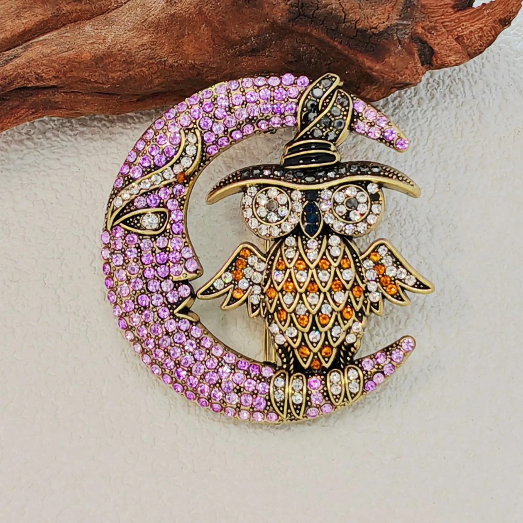 Gorgeous Crystal - Embellished Owl on Moon Brooch for Fantasy Lovers