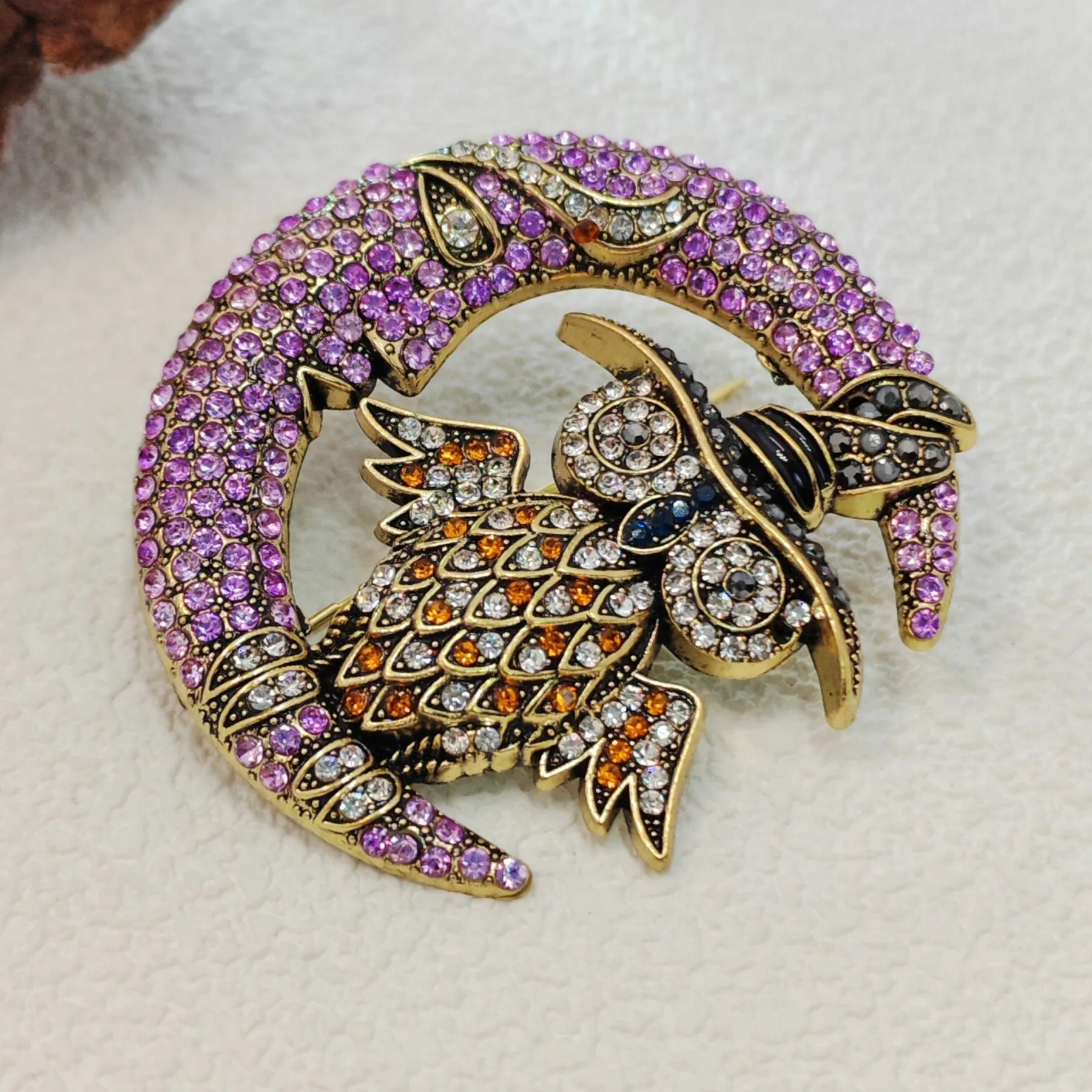 Gorgeous Crystal - Embellished Owl on Moon Brooch for Fantasy Lovers