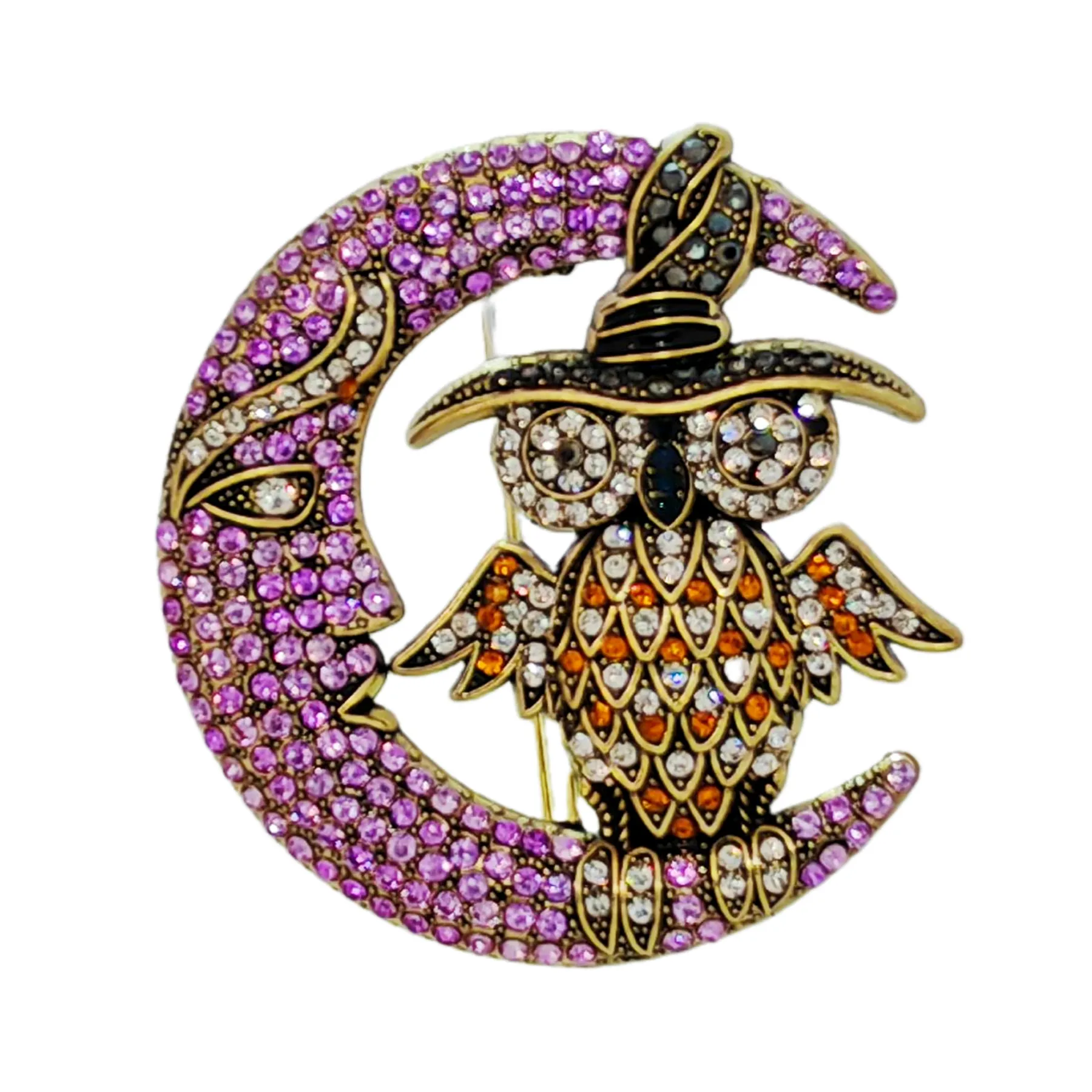 Gorgeous Crystal - Embellished Owl on Moon Brooch for Fantasy Lovers