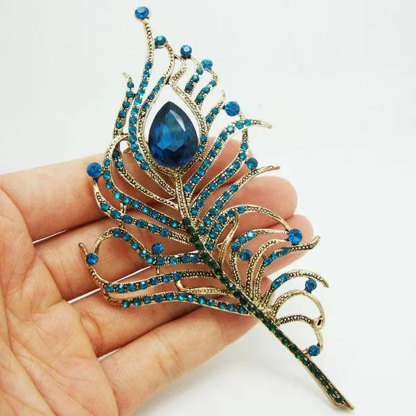 Gorgeous Peacock Feathers Gold Tone Blue Rhinestone Crystal Brooch Pin Gift