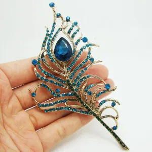 Gorgeous Peacock Feathers Gold Tone Blue Rhinestone Crystal Brooch Pin Gift