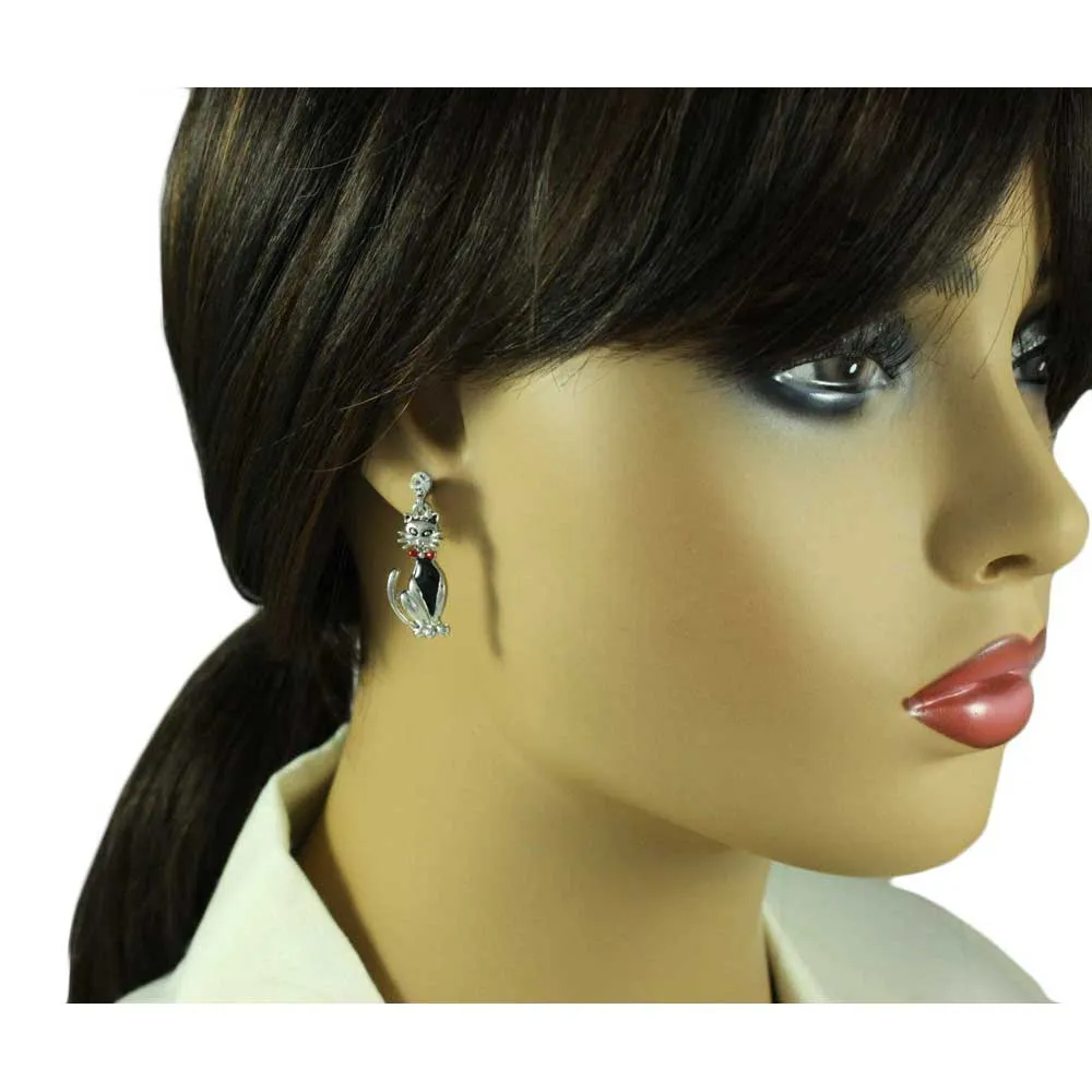 Gray Enamel Tuxedo Cat Dangling Pierced Earring - REE943