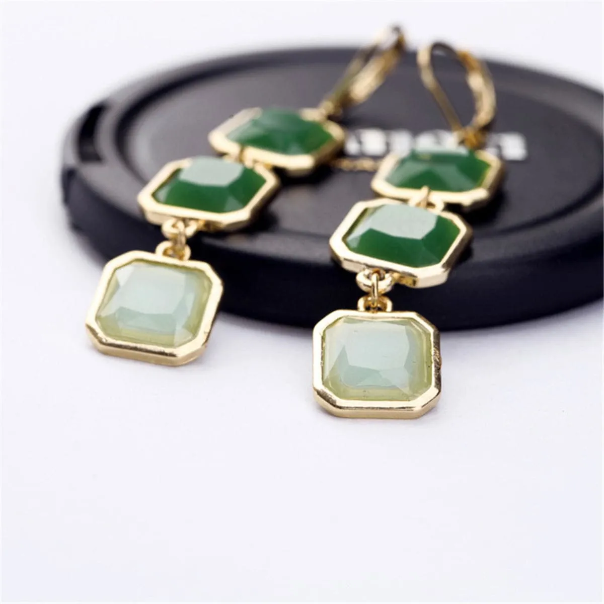 Green & White Crystal Drop Earrings
