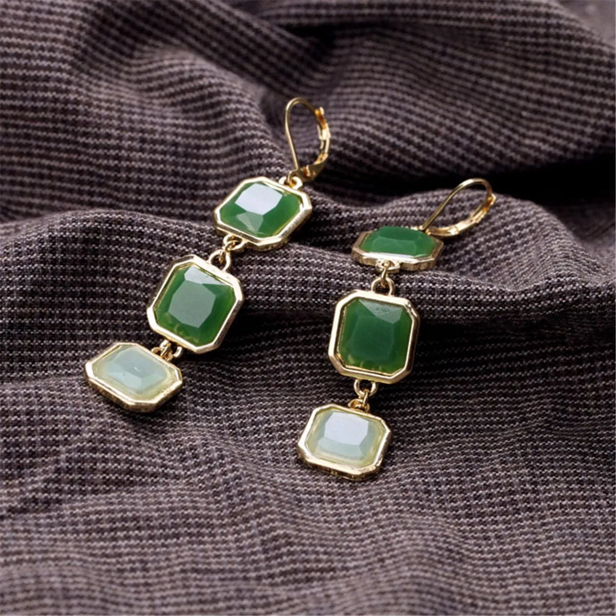 Green & White Crystal Drop Earrings