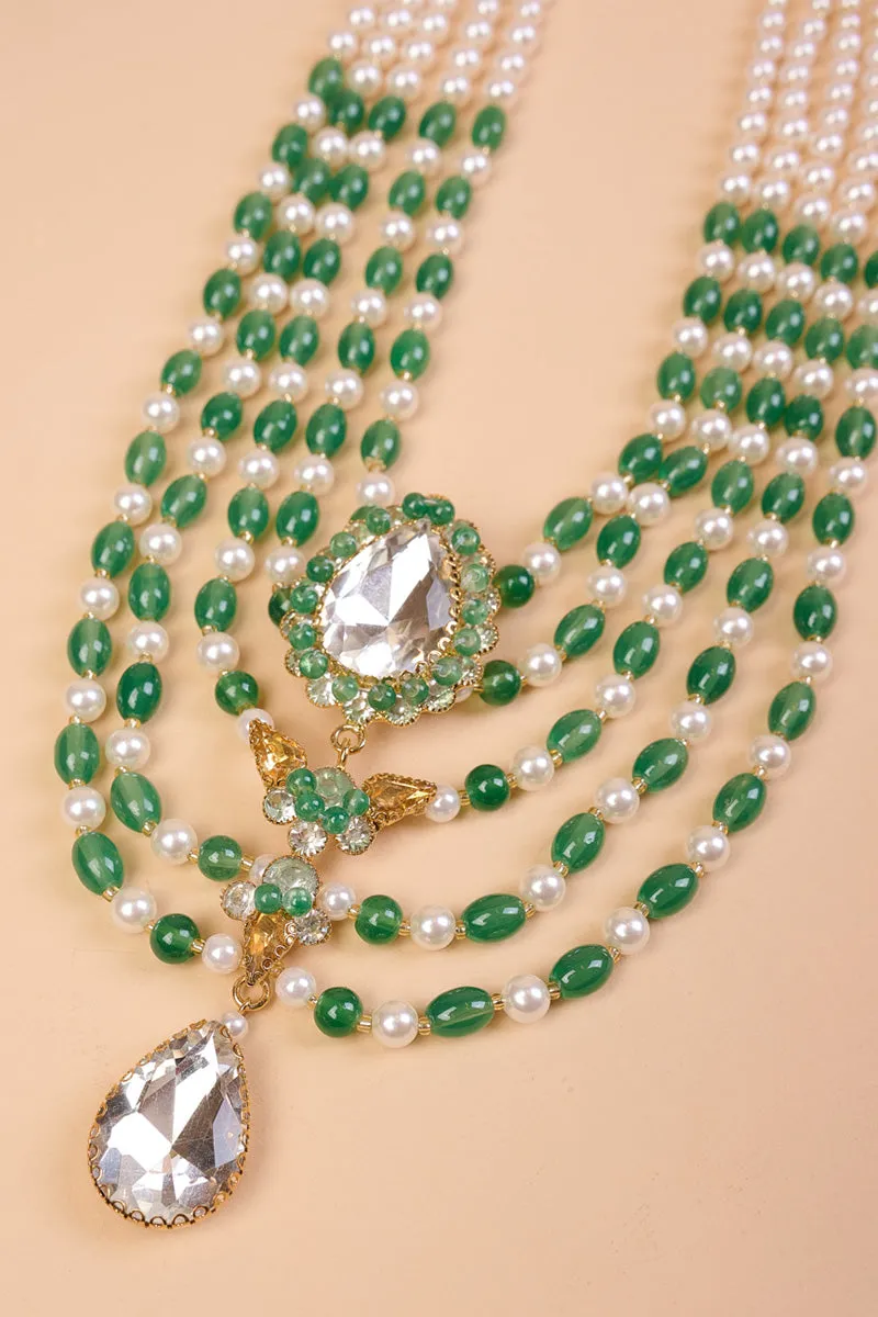 Green and White Five Layered Long Bead Mala With Crystal Drop