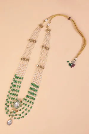 Green and White Five Layered Long Bead Mala With Crystal Drop