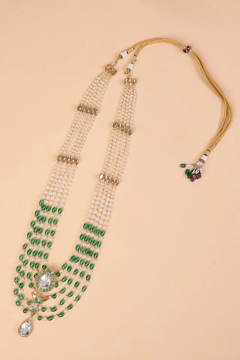 Green and White Five Layered Long Bead Mala With Crystal Drop