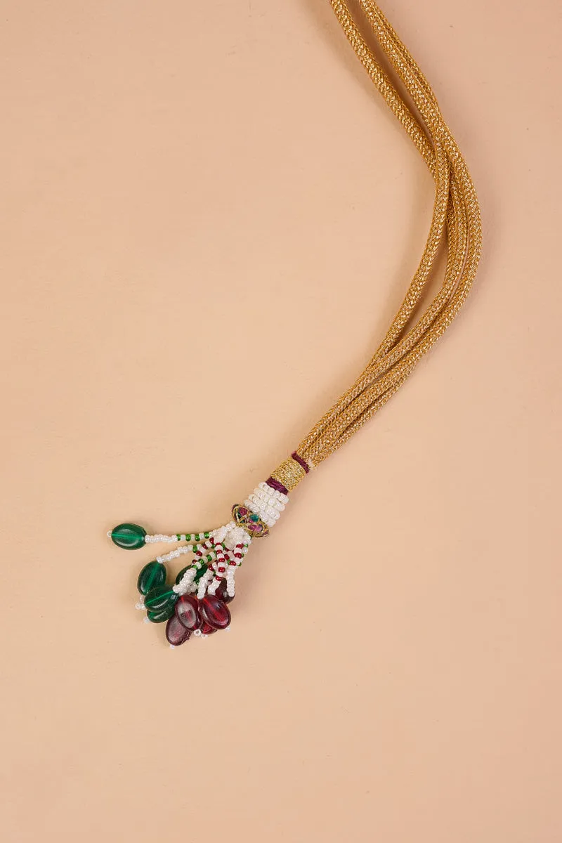 Green and White Five Layered Long Bead Mala With Crystal Drop