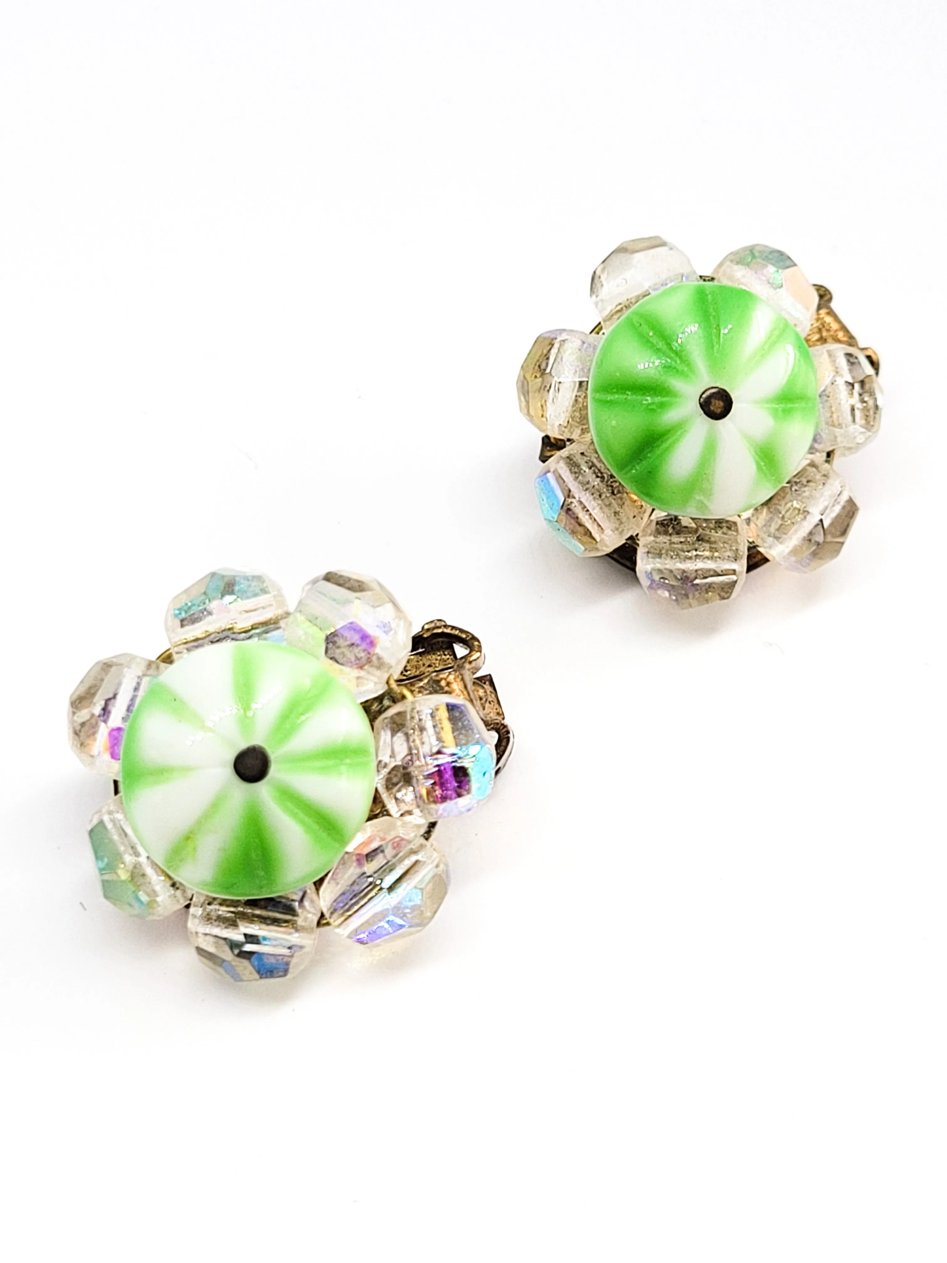 Green and white peppermint Czech glass crystal clip on vintage earrings