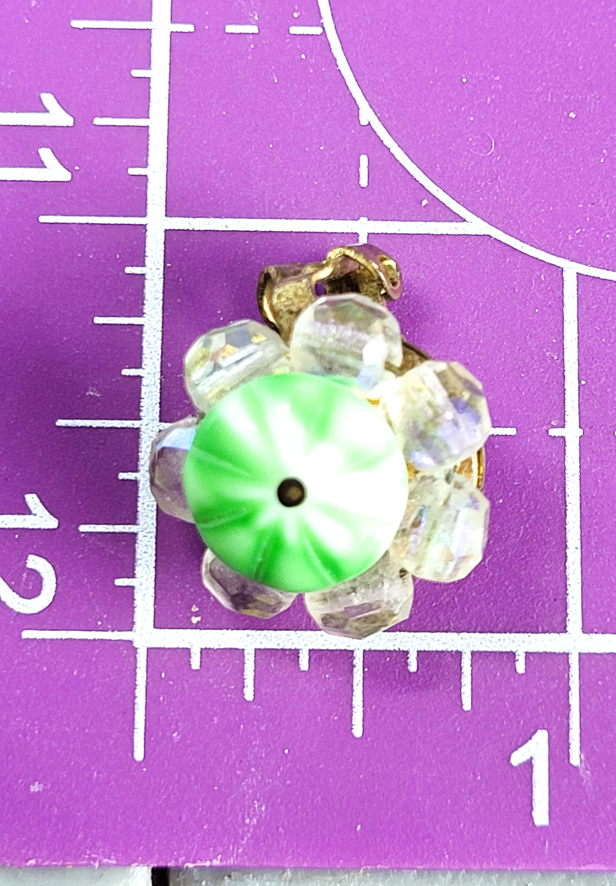 Green and white peppermint Czech glass crystal clip on vintage earrings