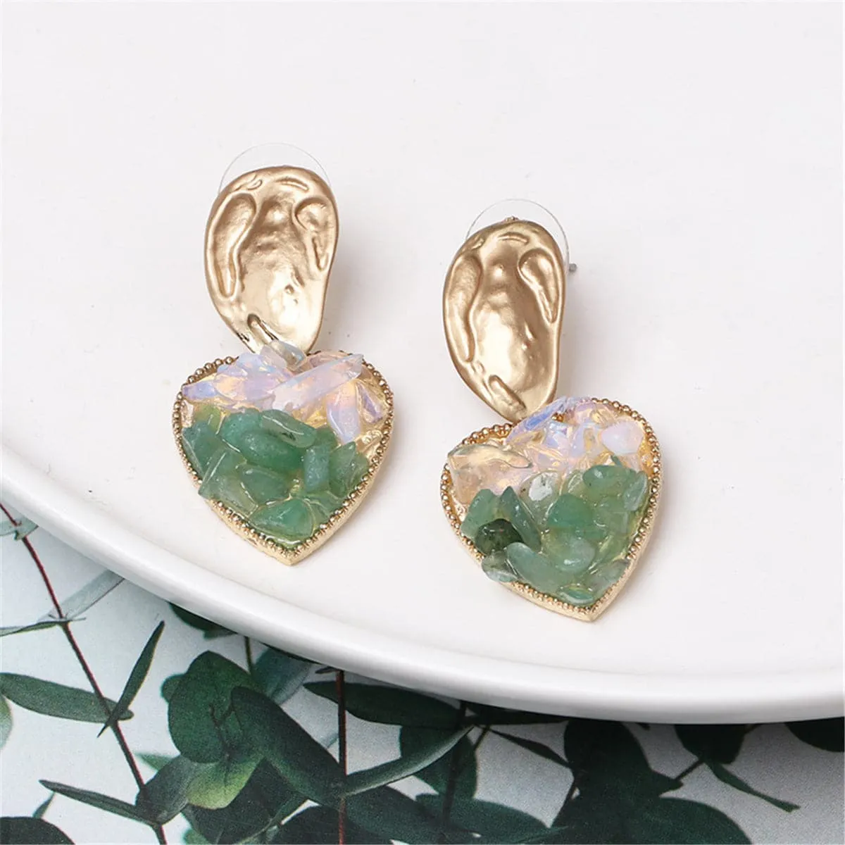 Green Crystal & 18K Gold-Plated Cluster Heart Drop Earrings