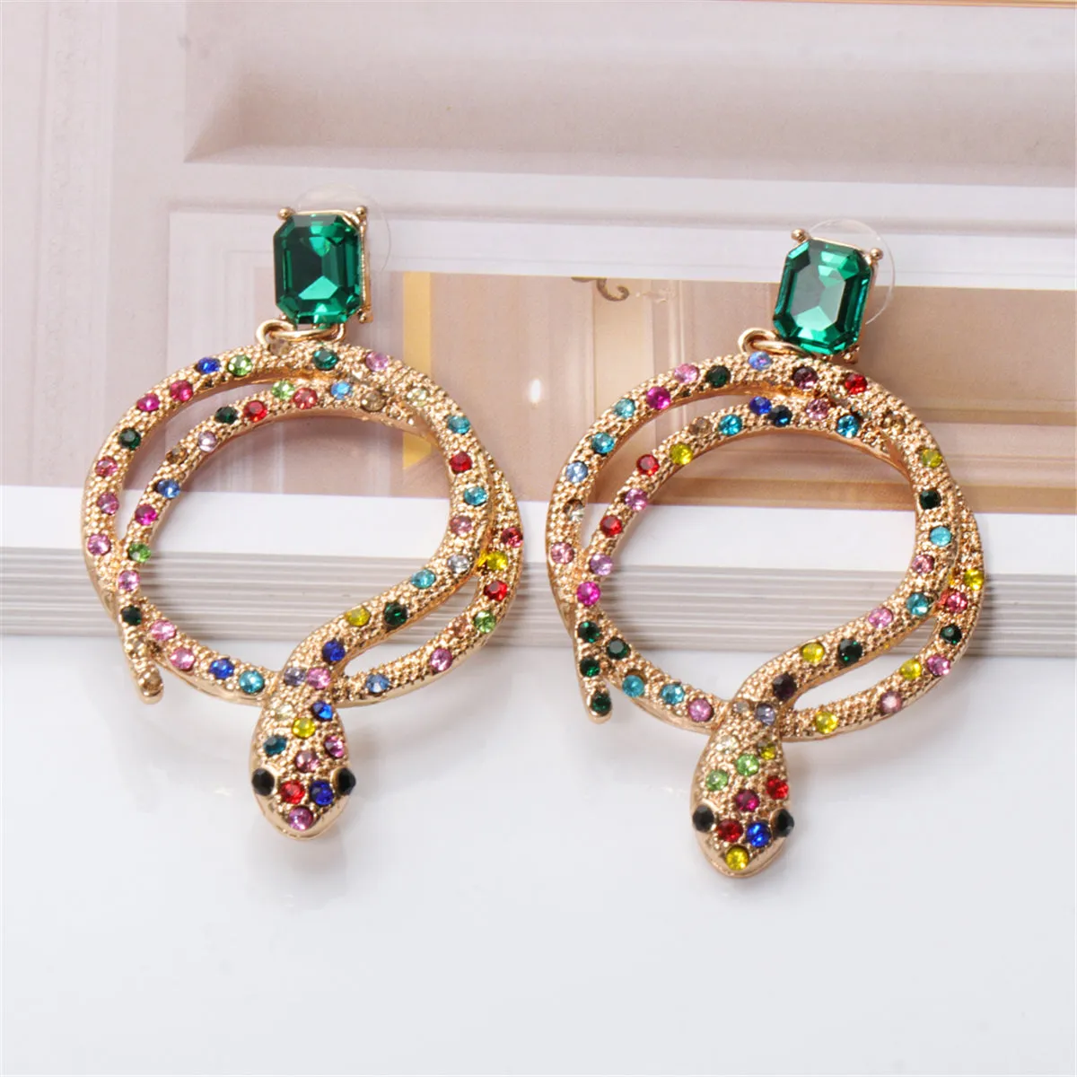 Green Crystal & Cubic Zirconia Coiled Snake Drop Earrings