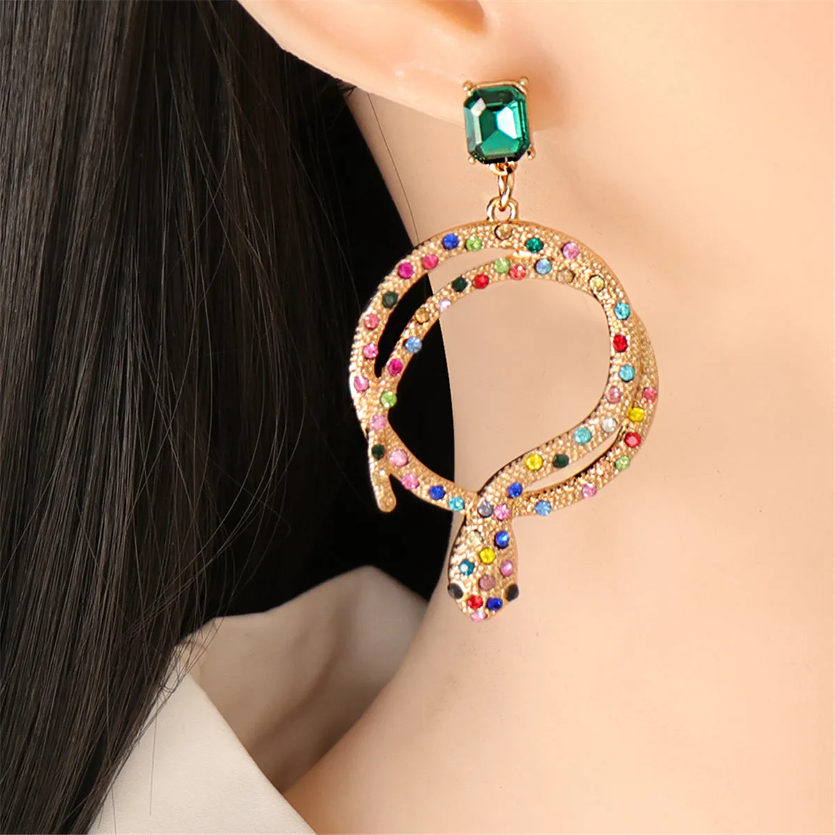 Green Crystal & Cubic Zirconia Coiled Snake Drop Earrings