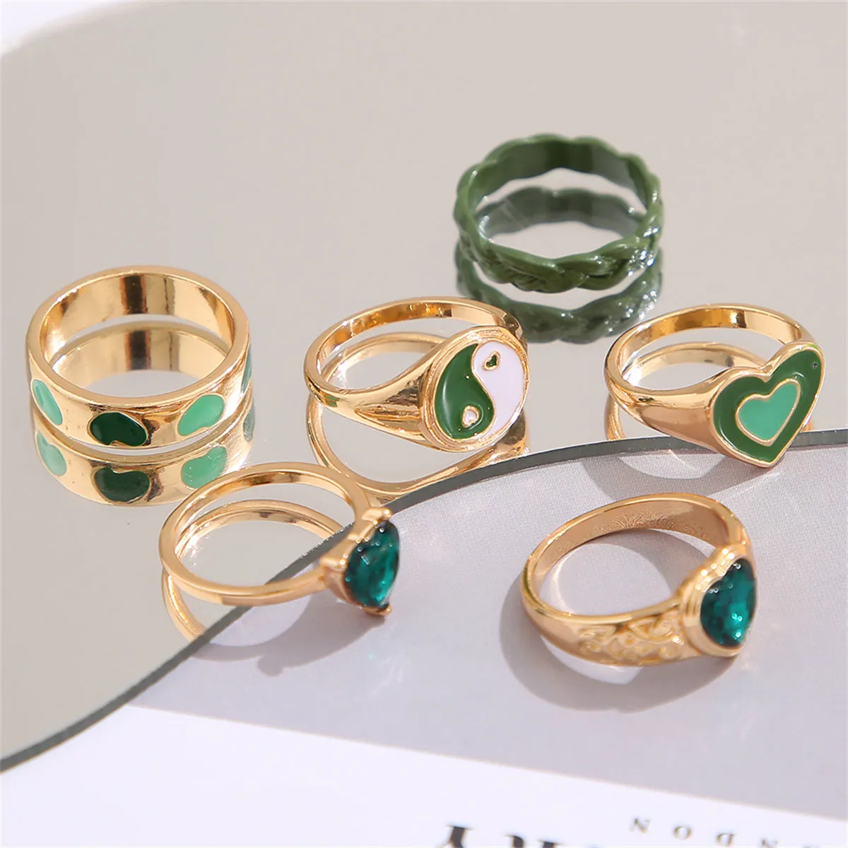 Green Crystal & Enamel 18K Gold-Plated Yin Yang Heart Ring Set