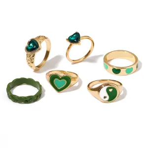 Green Crystal & Enamel 18K Gold-Plated Yin Yang Heart Ring Set