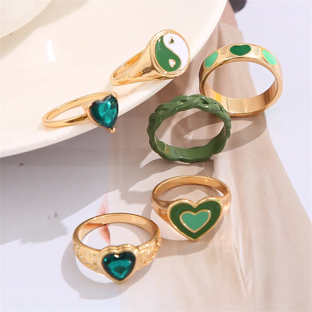 Green Crystal & Enamel 18K Gold-Plated Yin Yang Heart Ring Set
