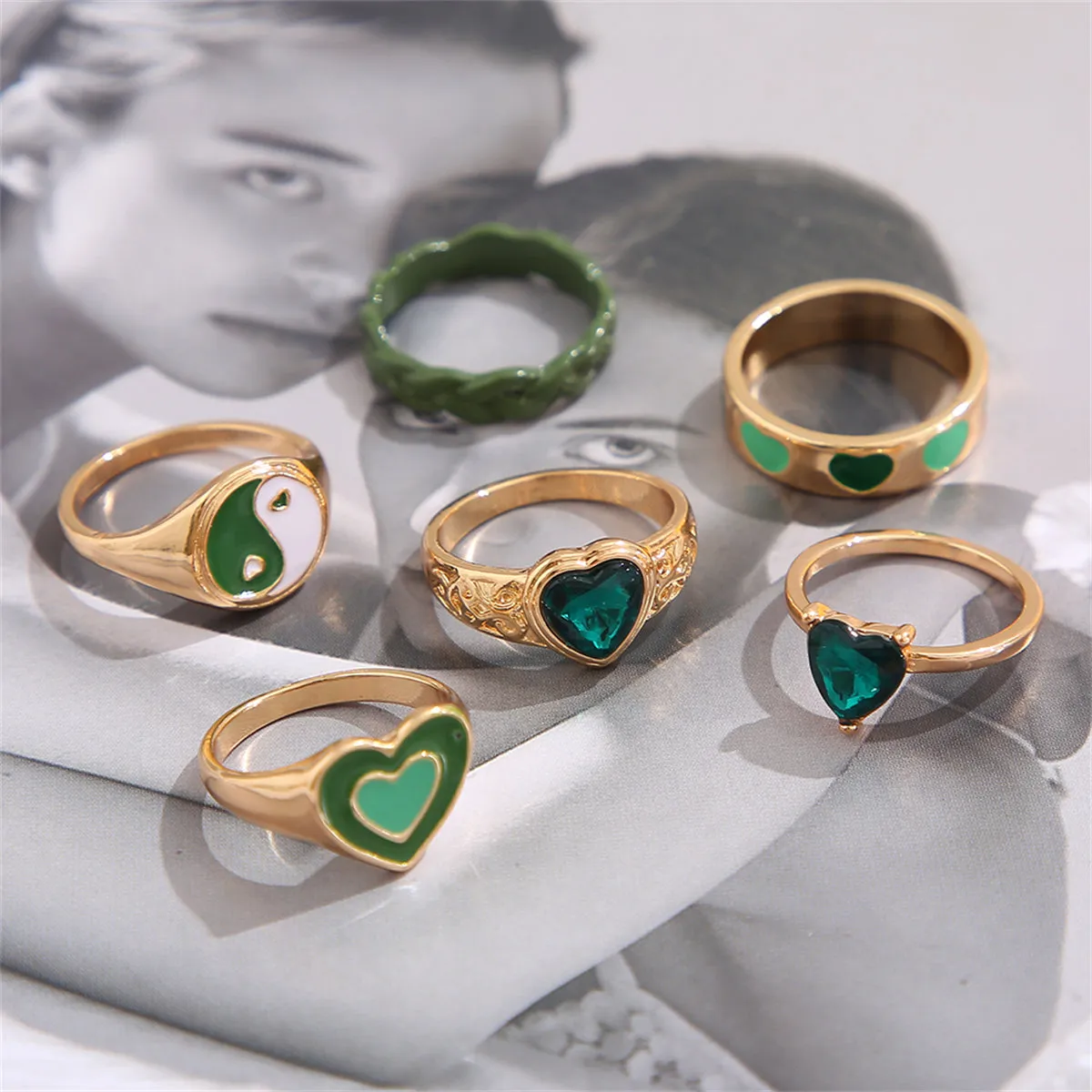 Green Crystal & Enamel 18K Gold-Plated Yin Yang Heart Ring Set