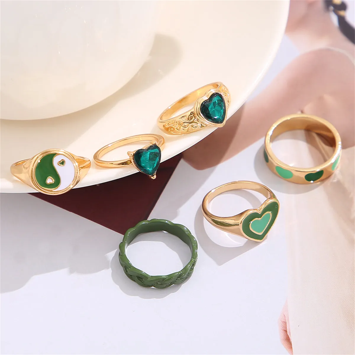 Green Crystal & Enamel 18K Gold-Plated Yin Yang Heart Ring Set